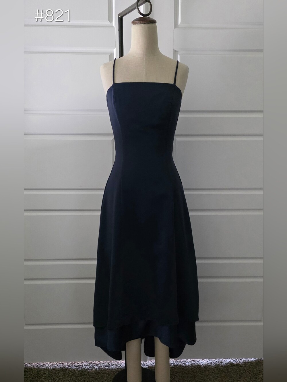 Simple Navy Blue Spaghetti-Strap High-Low Midi Dress